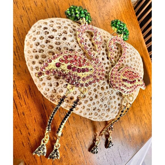 New Flamingo Earrings Pink Rhinestones Dangle Beaded Posts Beach Cruise READ - Picture 10 of 12